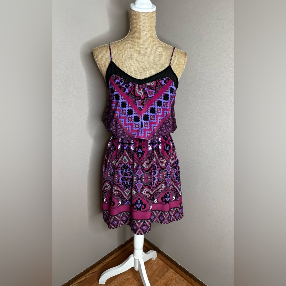 Express Purple and Black Boho Blouson Sun Patterned Mini Dress Size Small